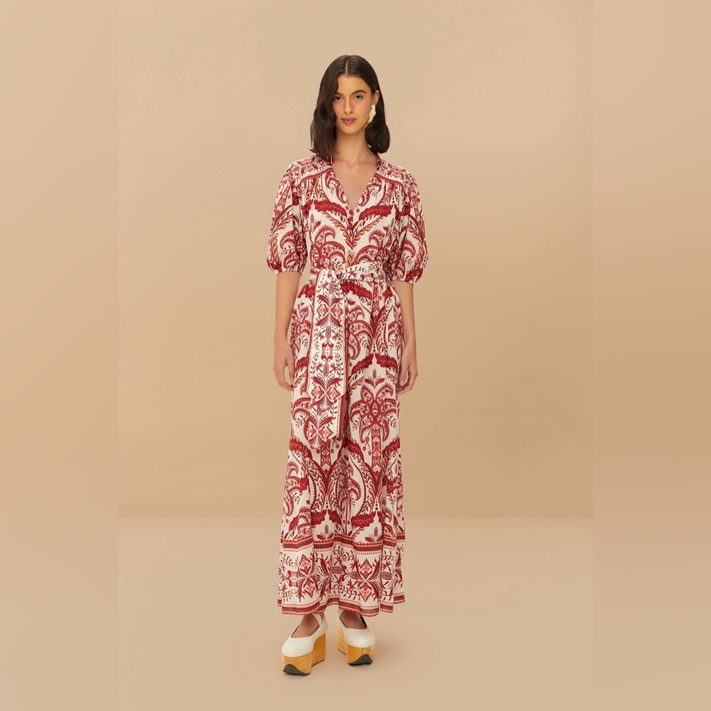 FARM RIO Off-White Green Floral Cascade Lenzing Ecovero mid Dress, small, $280